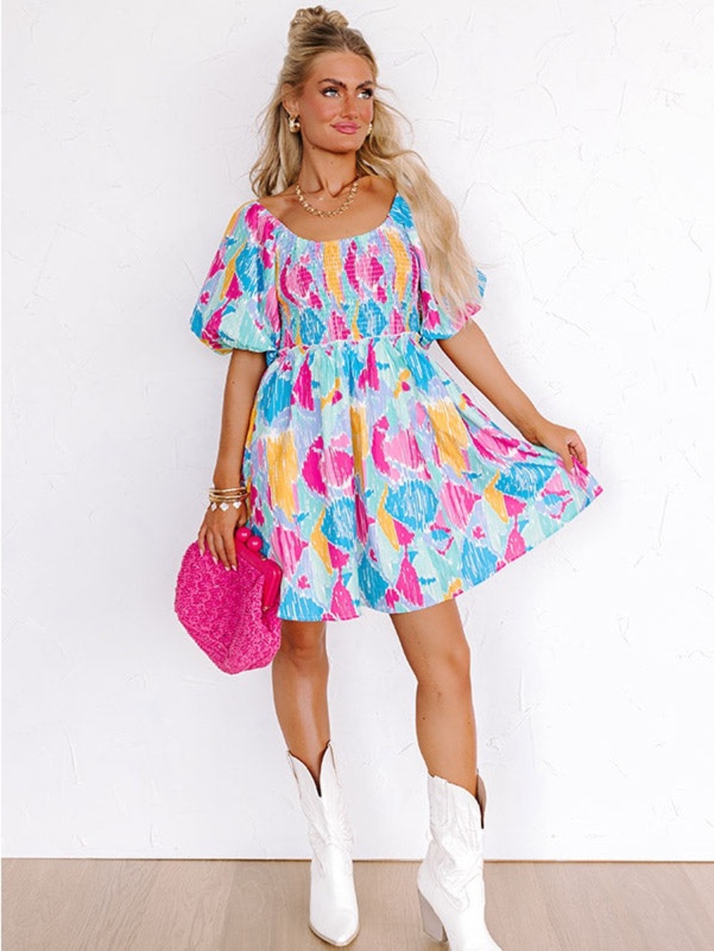 Peach Love California Multi Color Print Smocked Dress